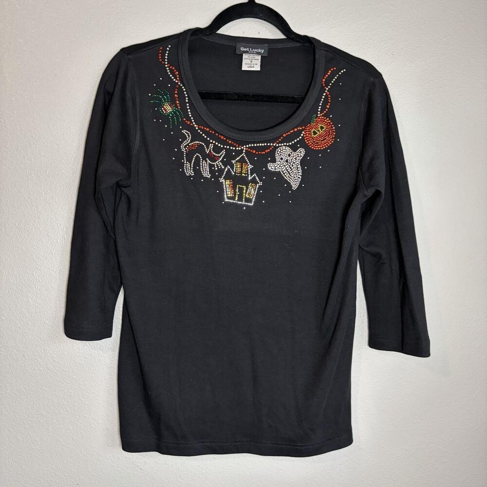 Get Lucky 3/4 Sleeves Shirt Top Sz Small Beaded Pumpkin Ghost Cat Halloween USA